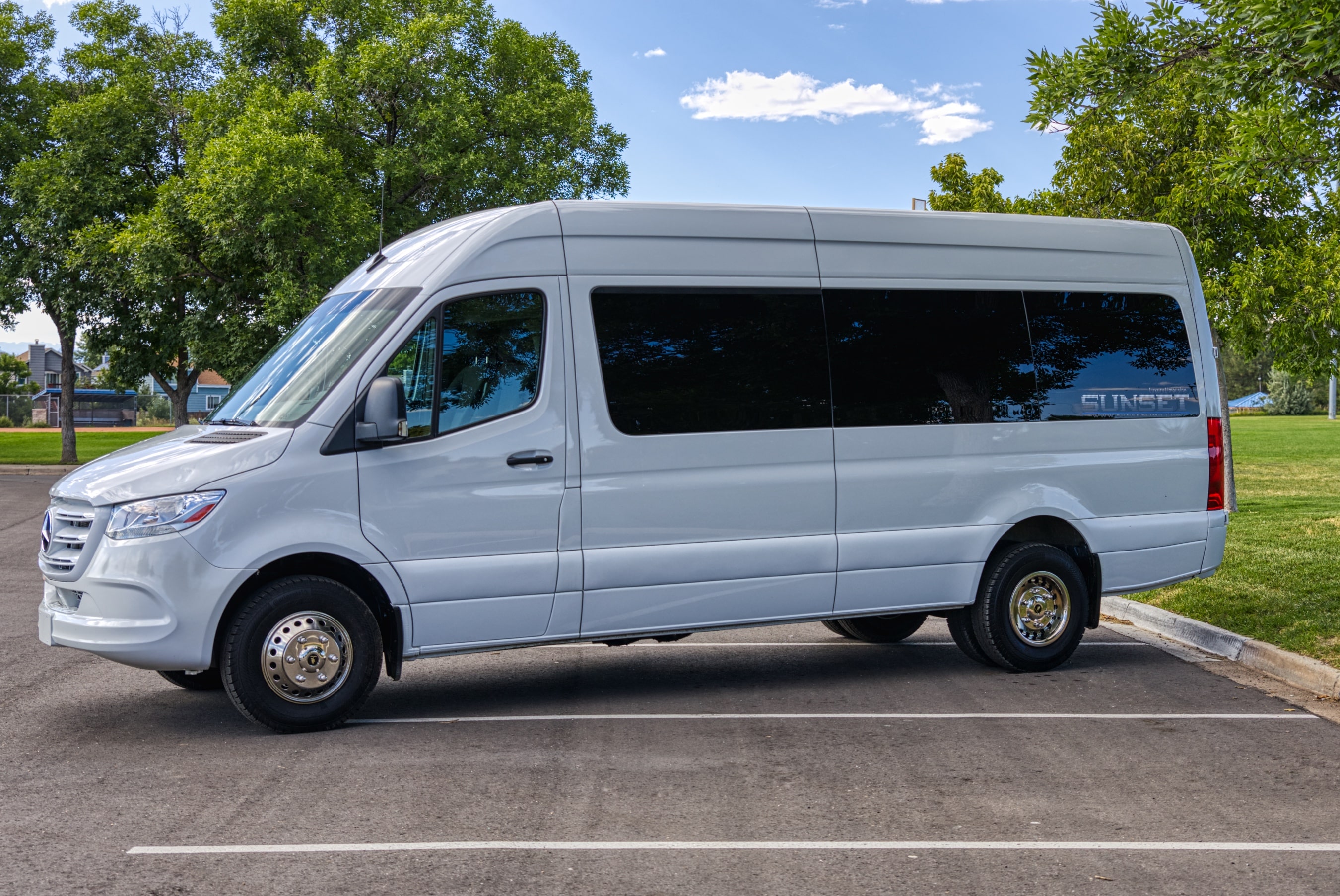 A light gray executive van with dark windows and tires. 